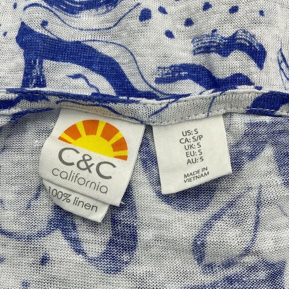 C & C California 100% Linen Cap Sleeve Blue White Floral Curved Hem Tee Small - Picture 4 of 6